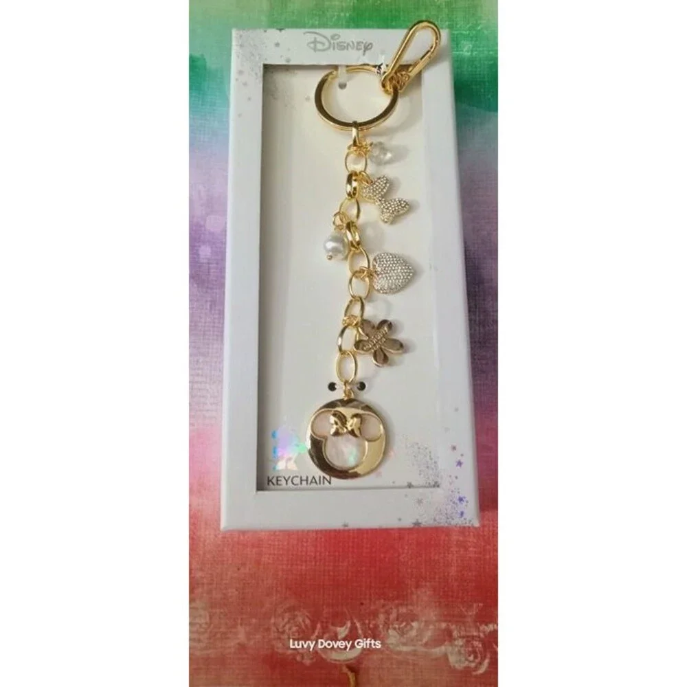 Disney Minnie Mouse Pearl Heart Bag Charm Keychain Gold NWT